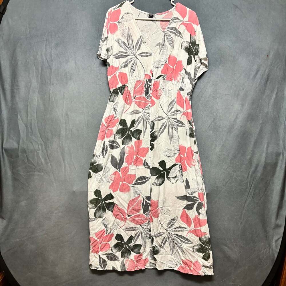 SHEIN Floral Midi Dress Size 1XL Pink Green Tropical Leaf Print